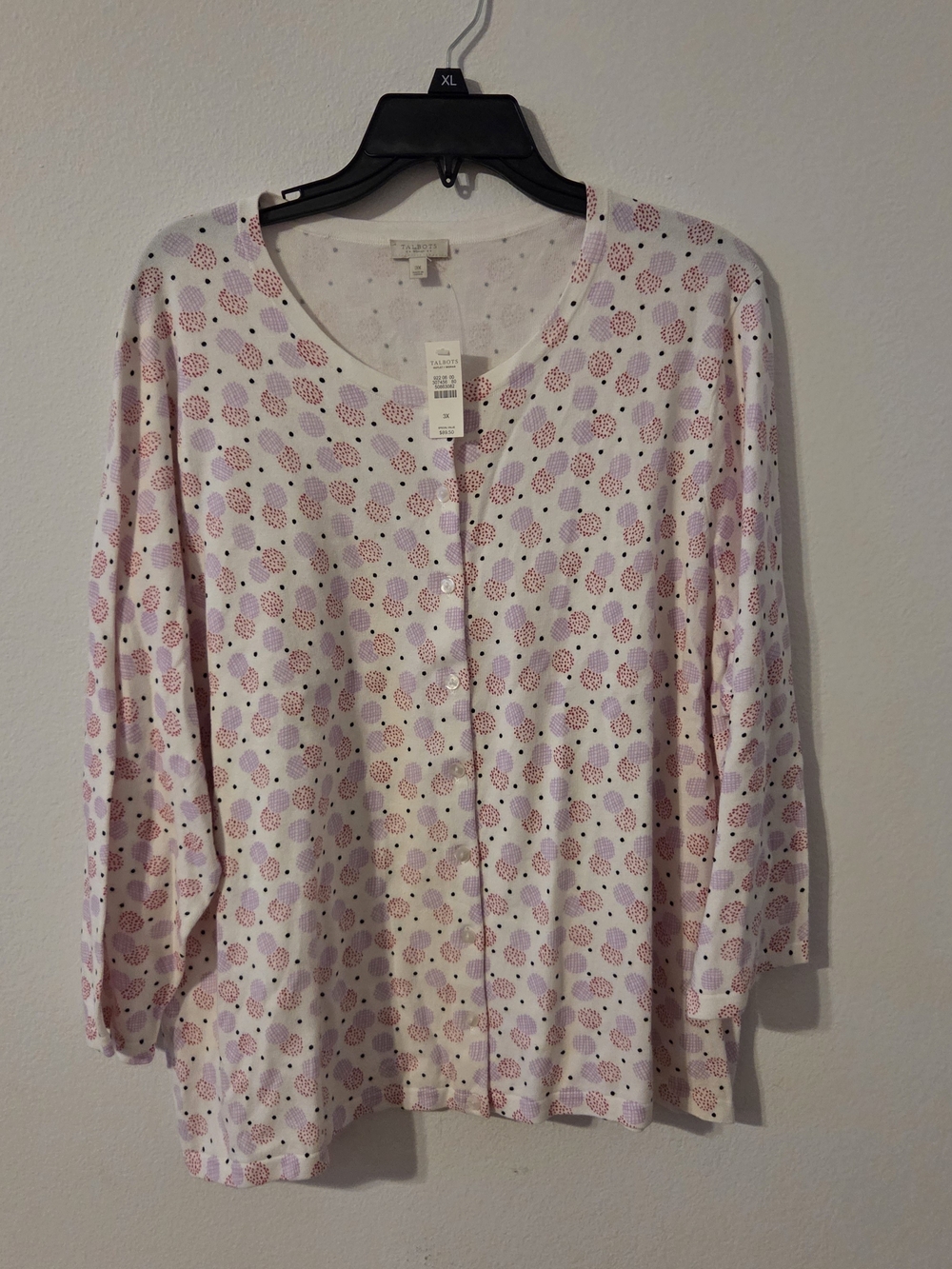 Talbots Plus Size 3X Cardigan Sweater Cream Pink Polka Dot Knit Button Front NWT
